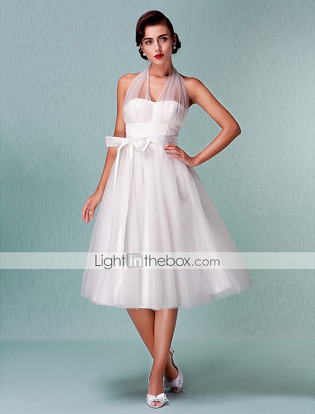 Standesamt Hochzeitskleider A-Linie Halfterhals Reguläre Träger Knie-Länge Satin Brautkleider Mit Schleife Schärpe / Band 2025 2026 - $126.99 –P3