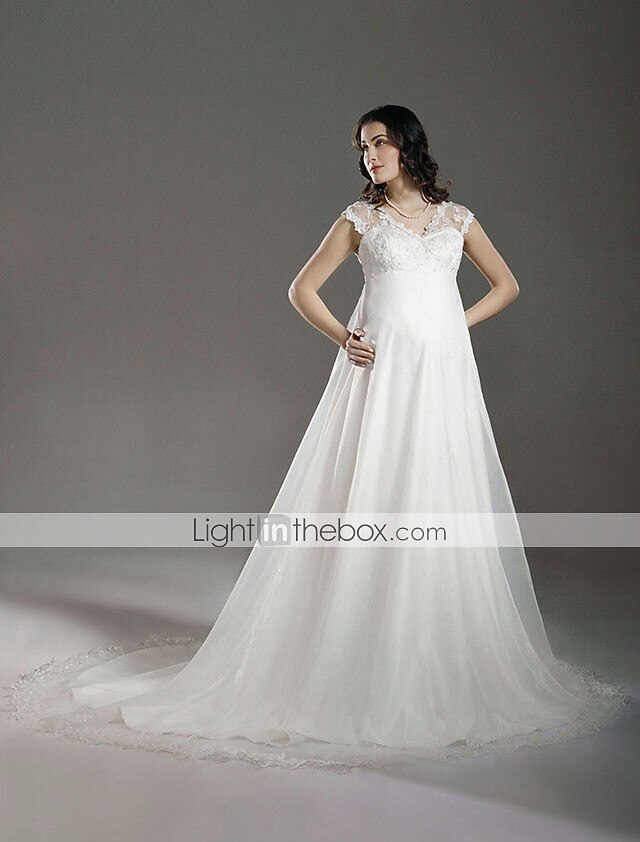 Linea-A Abiti da sposa A V Strascico di corte Di pizzo Organza Cinghie Regolari Traforato con Di pizzo Perline 2022 del 2026 a $218.49 –P7
