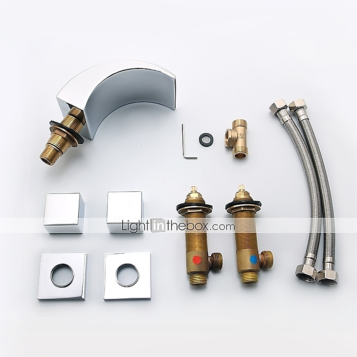 waterval badkamer wastafel kraan led-licht op het dek gemonteerd messing, wijdverspreide 2-handgreep 3-gats badvatkranen met warm en koud waterslang 2025 - $186.99 –P11