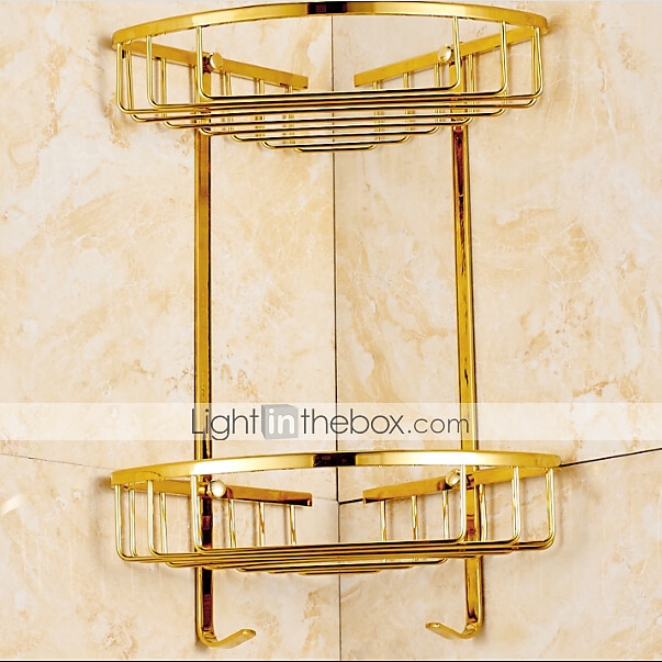 Gold Brass Bathroom Shower Corner Shelf Storage 2 Tier Shower