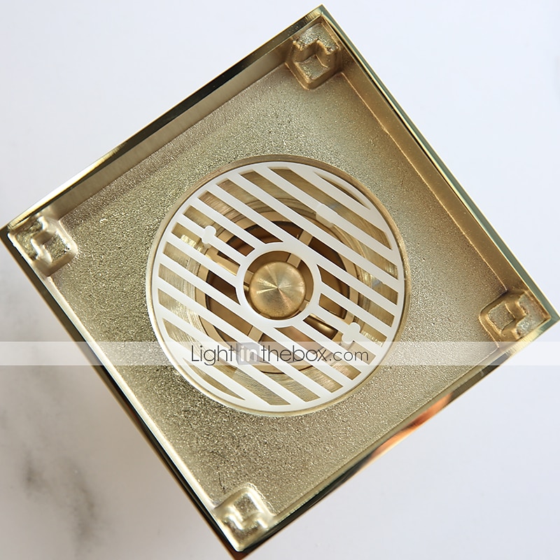 Brushed Gold 4-Inch Brass Shower Floor Drain with Removable Strainer Cover and Square Anti-Clogging FD0404BG