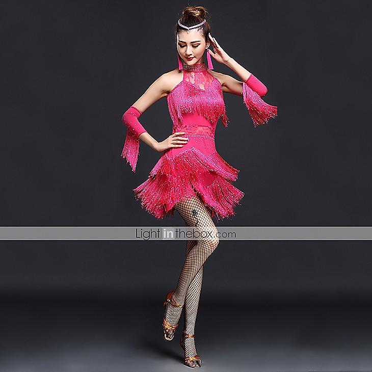 Latin Dance Dress Fringed Tassel Crystals / Rhinestones Women‘s Performance Sleeveless High Nylon Chinlon 2024 - $46.99 –P1