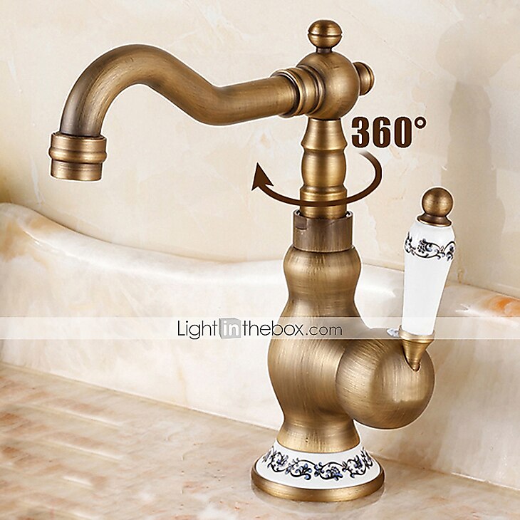 Bathroom Sink Faucet,Antique Brass Retro Style Single Handle One Hole Standard Spout Rotatable Faucet Set with Ceramic Handle and Hot/Cold Water 2025 - $80.99 –P1