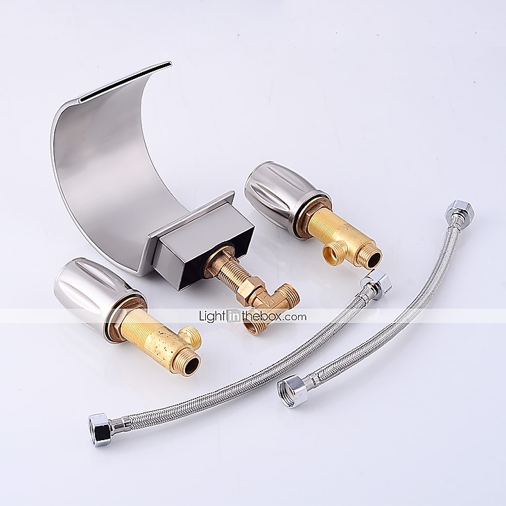 Bathroom Sink Faucet,Silvery Two Handles Three Holes Deluxe Waterfall Brush Nickel Polished Widespread Brass Bathroom Sink Faucet With Cold and Hot Switch 2025 - $113.99 –P4