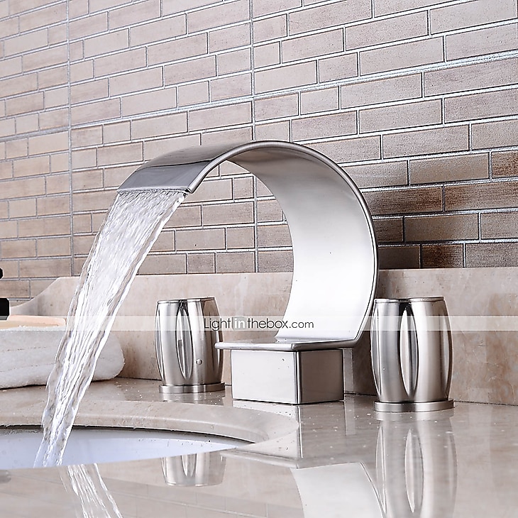 Bathroom Sink Faucet,Silvery Two Handles Three Holes Deluxe Waterfall Brush Nickel Polished Widespread Brass Bathroom Sink Faucet With Cold and Hot Switch 2025 - $113.99 –P1