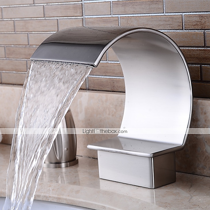 Bathroom Sink Faucet,Silvery Two Handles Three Holes Deluxe Waterfall Brush Nickel Polished Widespread Brass Bathroom Sink Faucet With Cold and Hot Switch 2025 - $113.99 –P2