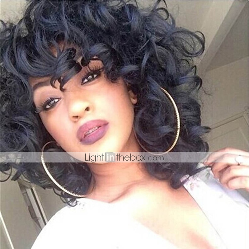 Black Medium Afro Curly Side Bang Synthetic Hair Wig Fro Black Women