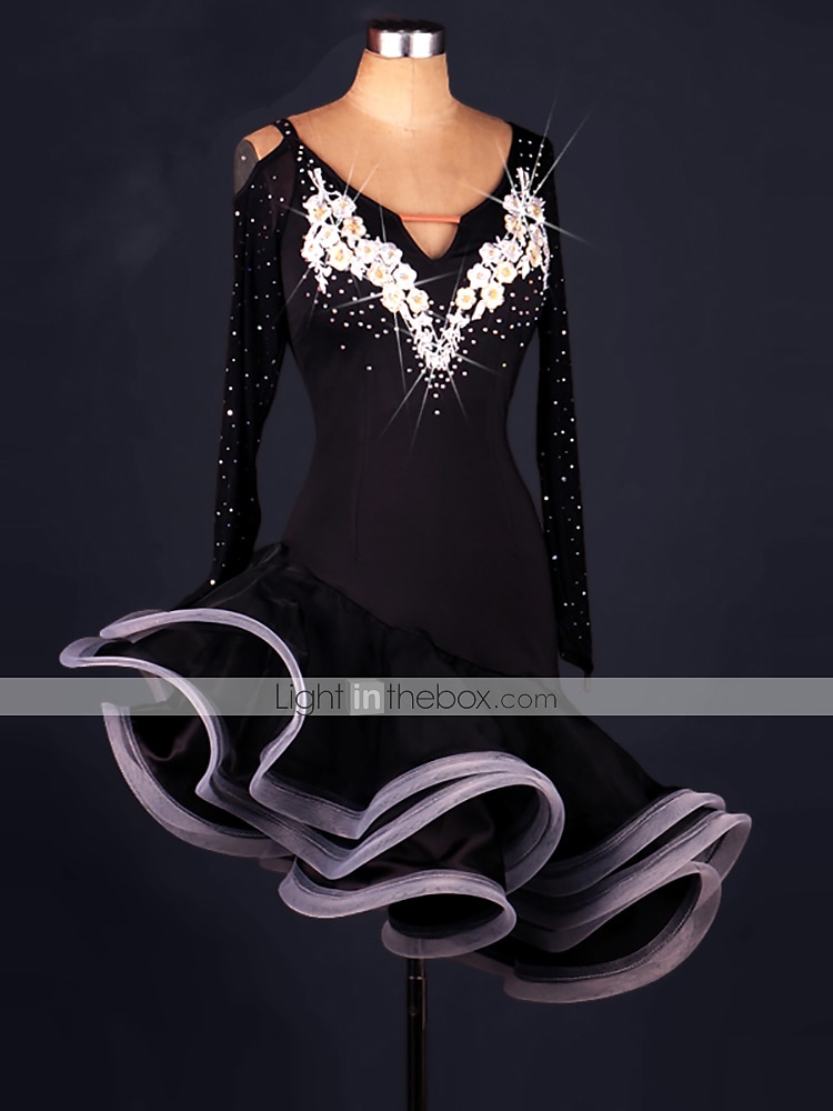 tánc salsa latin tánc ruha kristályok / strassz női edzés előadás hosszú ujjú spandex organza 2025 - $115.99 –P9