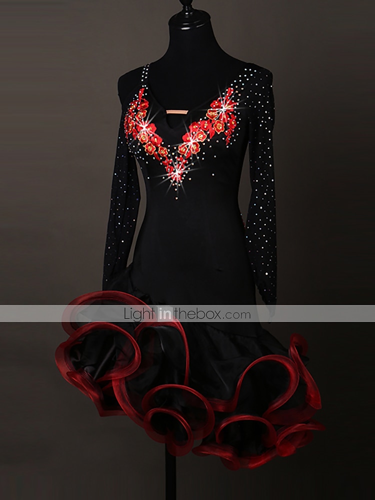 tánc salsa latin tánc ruha kristályok / strassz női edzés előadás hosszú ujjú spandex organza 2025 - $115.99 –P3