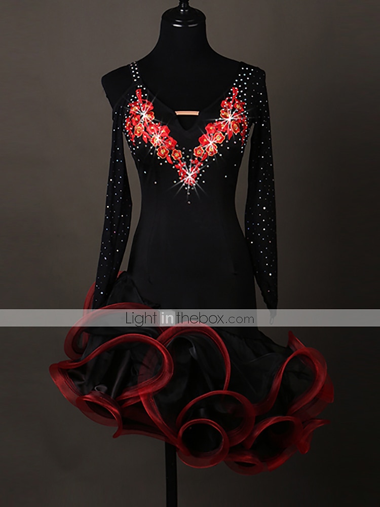 tánc salsa latin tánc ruha kristályok / strassz női edzés előadás hosszú ujjú spandex organza 2025 - $115.99 –P1