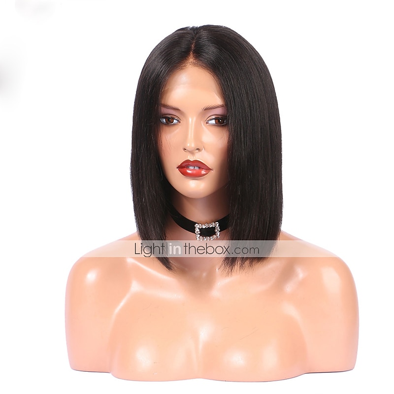 Echt haar 4x13 Sluiting Pruik Bobkapsel Kardashian Recht Pruik 130% Haardichtheid met babyhaar Natuurlijke haarlijn Voor donkere huidskleur Voor Dames Kort Kanten pruiken van echt mensenhaar 2025 - $4.99 –P1