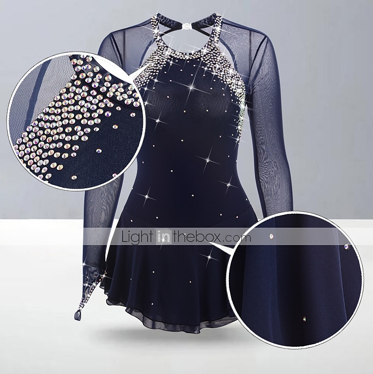 فستان التزلج الراقص نسائي للفتيات تزلج على الجليد الفساتين أسود أبيض أصفر فتح الظهر شبكة سباندكس عالية المرونة تمرين منافسة ملابس التزلج مرصع بالجواهر حجر الراين كم طويل 2026 - $124.99 –P1