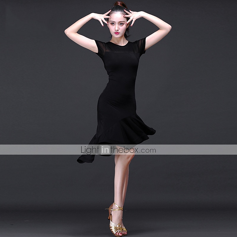 Robe de danse latine froncée performance d'entraînement des femmes manches courtes robe d'église modale élevée femmes quotidiennes de 2025 ? $29.99 –P1