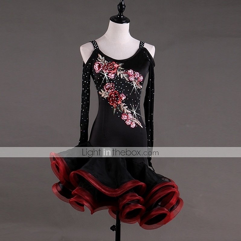 dans salsa latinsk dansklänning applikationer kristaller / strass damprestanda långärmad hög spandex georgette 2025 - $138.99 –P1