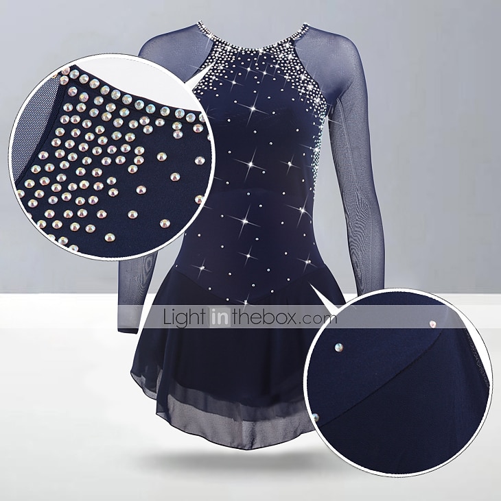 Figure Skating Dress Women's Girls' Ice Skating Dress Violet Black White Open Back Mesh Spandex High Elasticity Training Competition Skating Wear Classic Crystal / Rhinestone Long Sleeve Ice Skating 2025 - $111.99 –P3