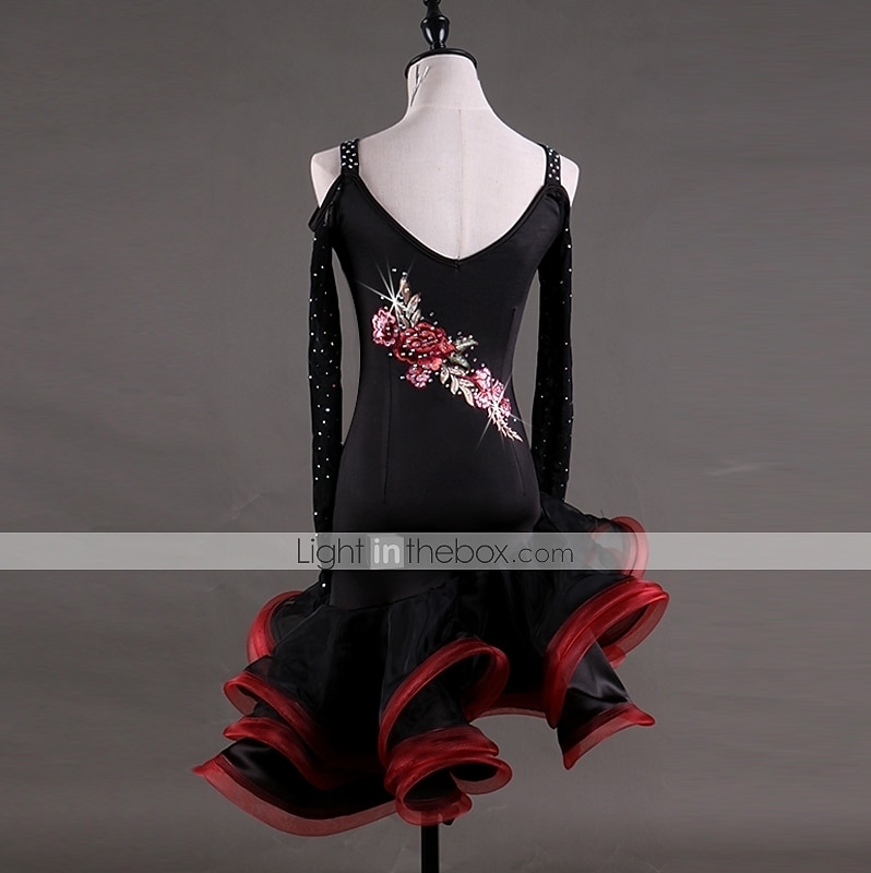 dans salsa latinsk dansklänning applikationer kristaller / strass damprestanda långärmad hög spandex georgette 2025 - $138.99 –P4