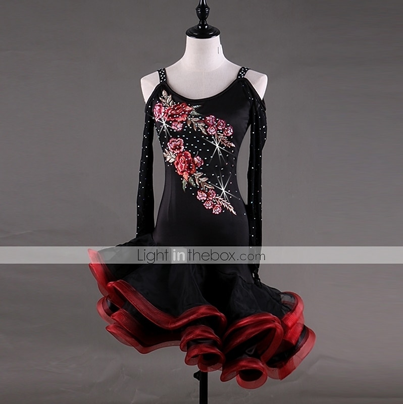 dans salsa latinsk dansklänning applikationer kristaller / strass damprestanda långärmad hög spandex georgette 2025 - $138.99 –P3
