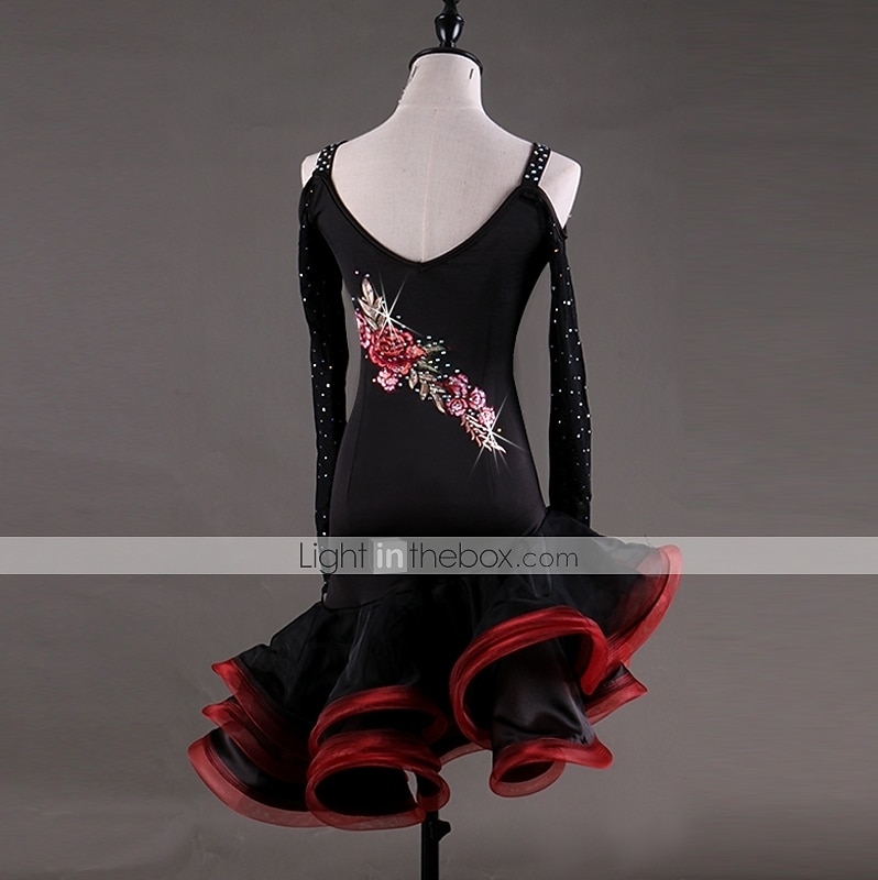 dans salsa latinsk dansklänning applikationer kristaller / strass damprestanda långärmad hög spandex georgette 2025 - $138.99 –P5