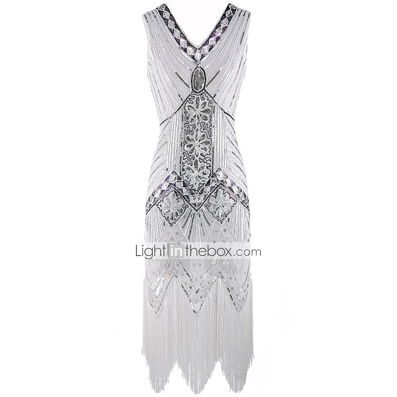 Goldene Zwanziger 1920er Knielang Kleid Flapper Kleid Halloween Kostüme Ärmellos Der große Gatsby Charleston Hochzeitsgast Pailletten Patchwork Bestickt V Ausschnitt Kostüm Damen Abschlussball 2026 - $45.99 –P5