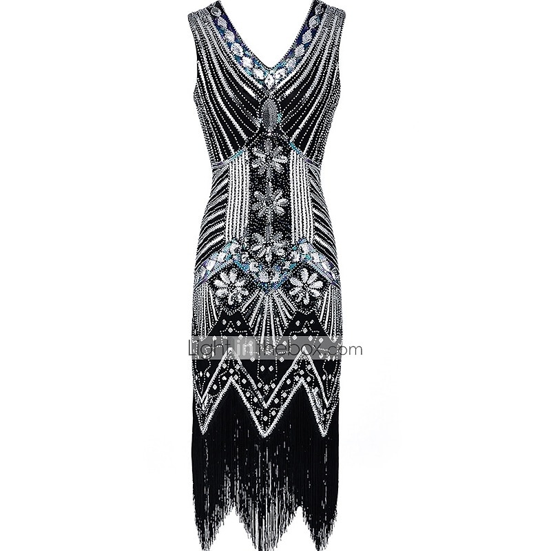 Goldene Zwanziger 1920er Knielang Kleid Flapper Kleid Halloween Kostüme Ärmellos Der große Gatsby Charleston Hochzeitsgast Pailletten Patchwork Bestickt V Ausschnitt Kostüm Damen Abschlussball 2026 - $45.99 –P2