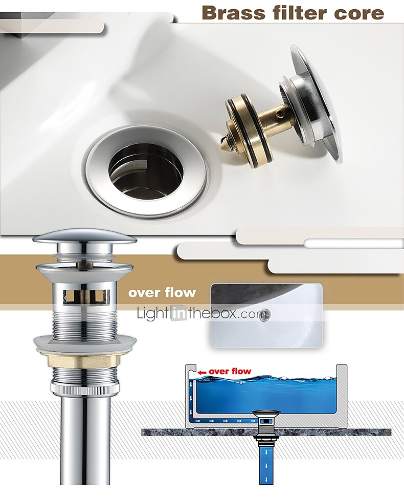 pop-up afvoer met overloop messing badkamer wastafel wastafel push down waste chromen afwerking 2025 - $27.99 –P5
