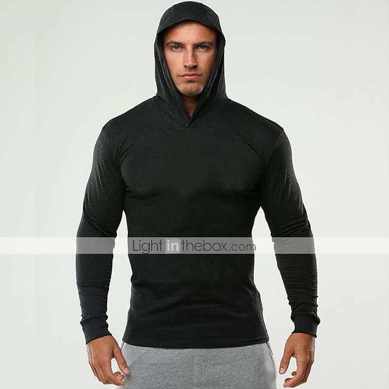 Men's Workout Shirt Running Shirt Long Sleeve Top Spring Hooded Spandex Breathable Quick Dry Soft Gym Workout Running Sportswear Activewear Solid Colored Black White Dark Navy 2025 - $15.99 –P5