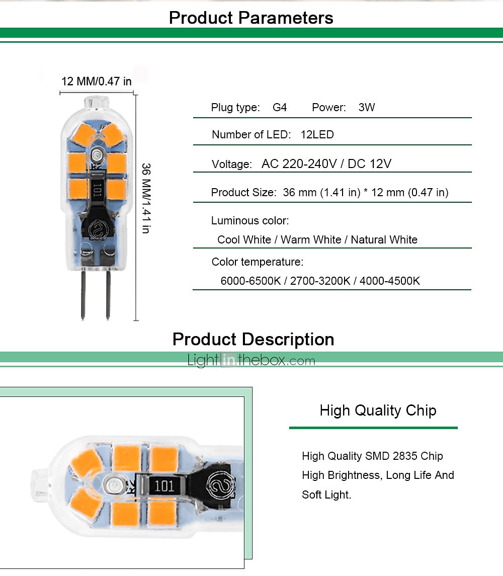 10pcs G4 3W 200-300lm 12LED LED Bi-pin Lights 2835SMD Warm White Cool White Natural White Led Corn Bulb Chandelier Lamp AC 12V 2025 - $24.99 –P2