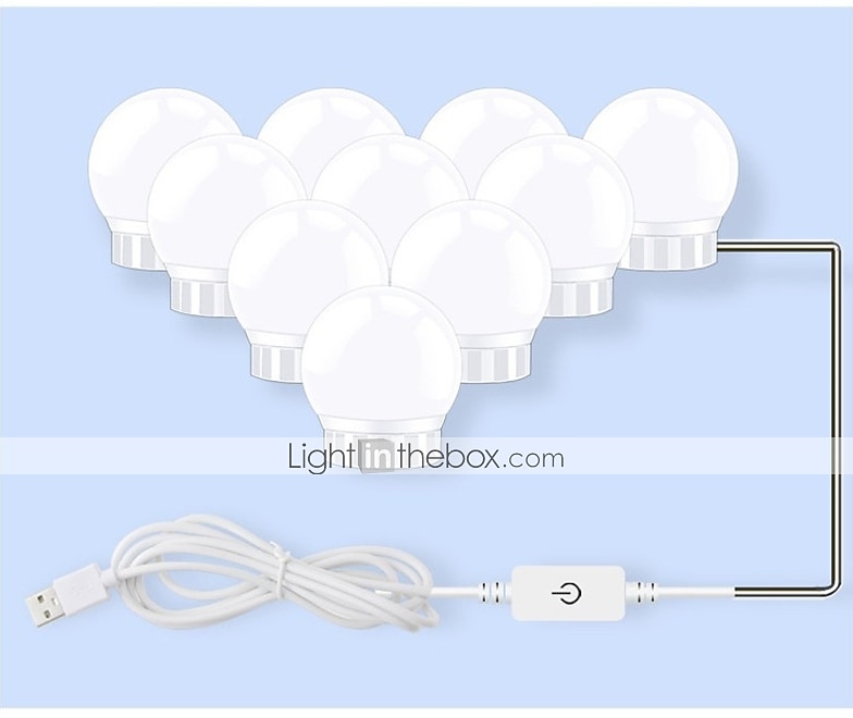 LED Makeup Vanity Lights Stick on Mirror with 10 dimmable Bulbs USB 4.6m  15ft Cable White 2024 - $20.99
