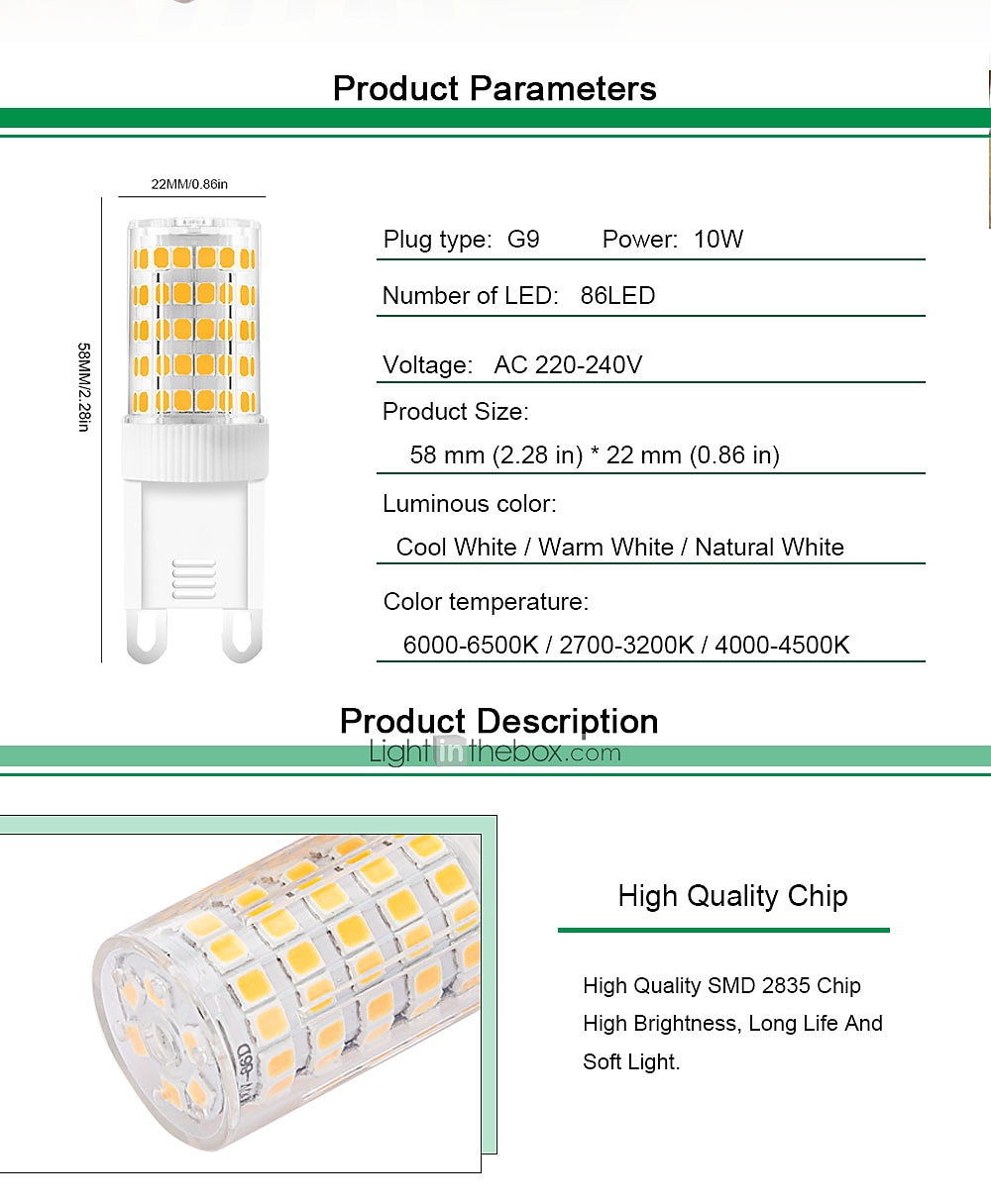 2026年 6本 10 W ＬＥＤ２本ピン電球 600-800 lm G9 T 86 LEDビーズ SMD 2835 温白色 クールホワイト ナチュラルホワイト 220-240 V / CE  コレクション – $47.99 –P2
