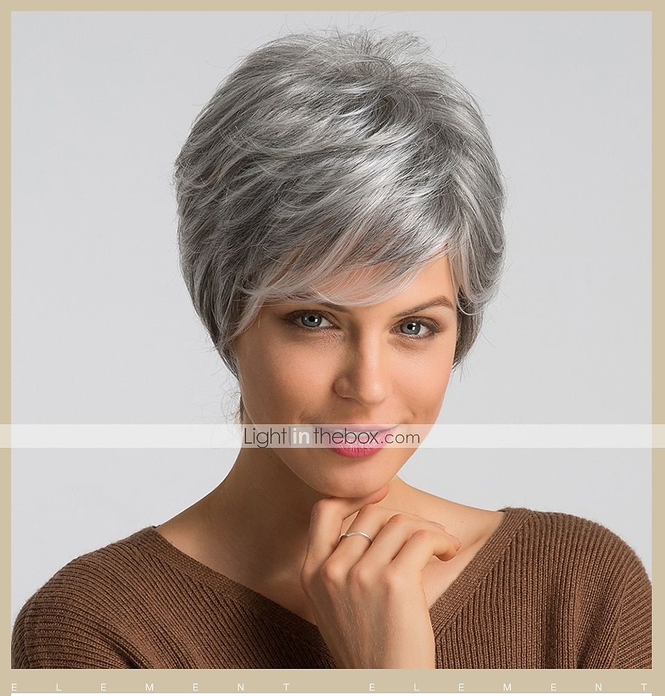 Mélange de cheveux humains Perruque Court Droite naturelle Coupe Lutin Blond Rouge Couleur mixte Design à la mode Faciliter l'habillage Confortable Fabriqué à la machine Femme Vin foncé Noir / Gris de 2025 ? $52.99 –P2