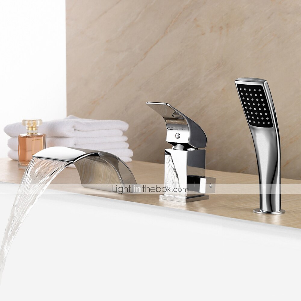 waterval bad kraan badrandcombinaties, badvuller mengkraan set handheld 3 gat 2 uitloop met handsproeier, messing douche keramische klep kit badkamer 2025 - $194.99 –P1