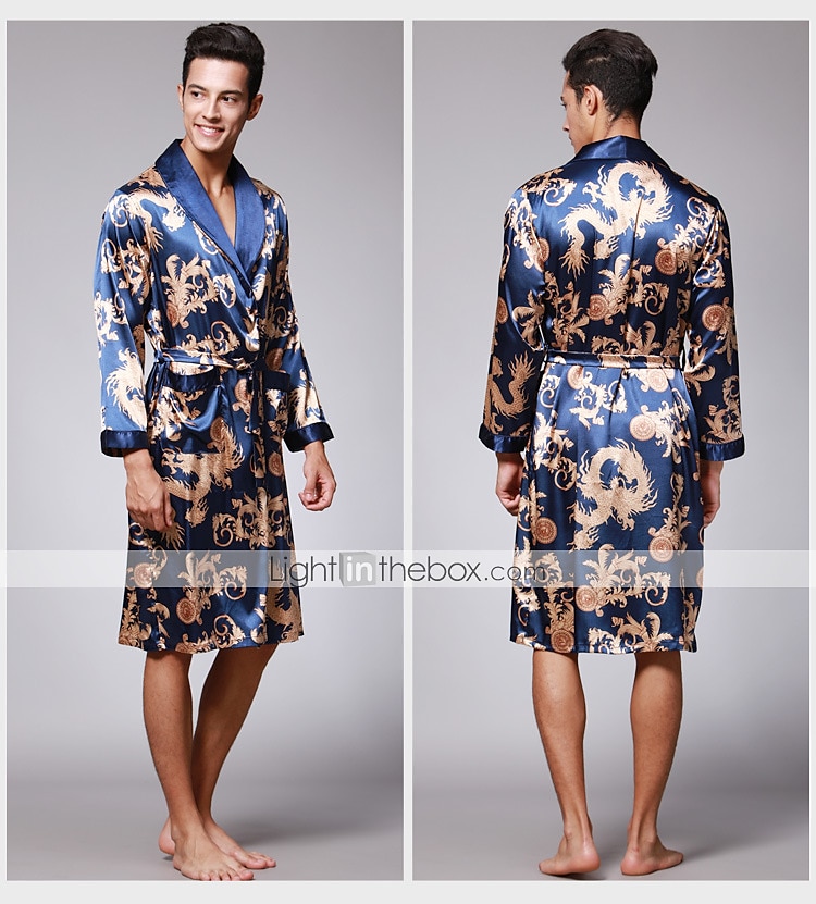 Mens Luxury Paisley Pattern Bathrobe Kimono Robes V-neck Faux Silk Male  Sleepwear Nightwear Male Satin Bath Robe