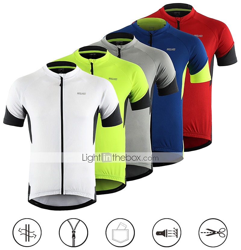 Arsuxeo Herre Sykkeltrøyer Kortermet Sykkel Topper med 3 baklommer Fjellsykling Veisykling Pustende Fukttransport Refleksbånd Tilbake Lomme Hvit Grønn Grå Lapper Polyester sport Klær / Elastisk 2025 - $27.99 -P11