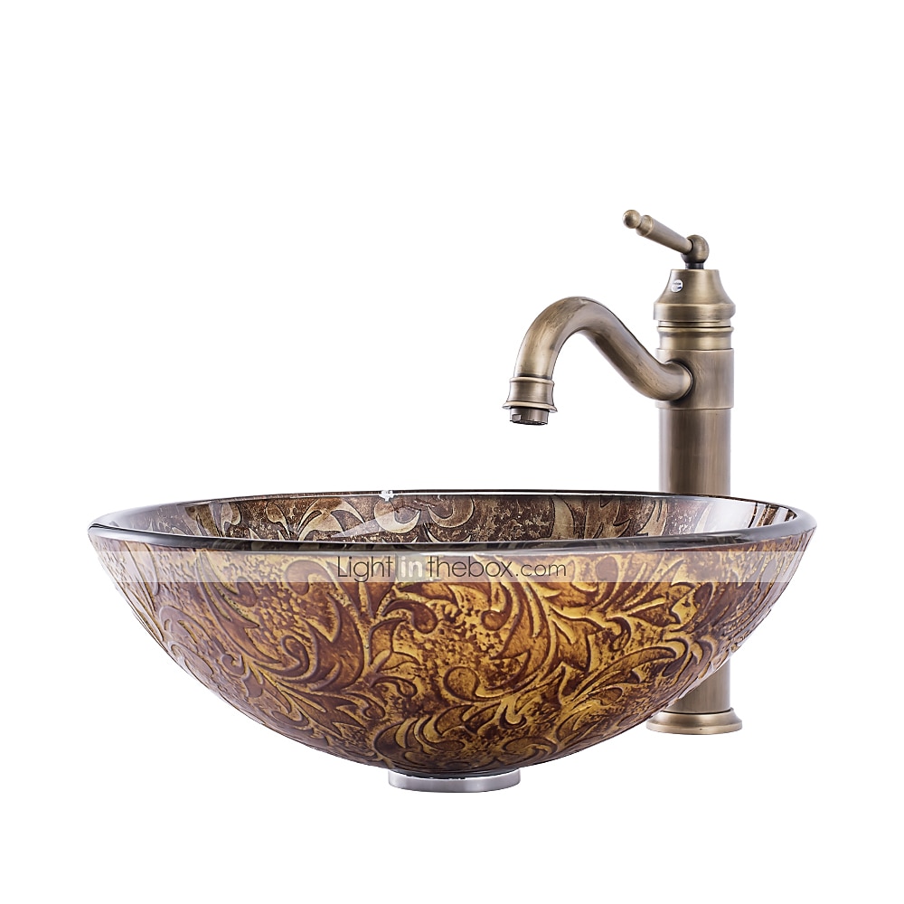 Vintage-Badezimmer-Waschbecken-Set rund 16,5 "x 5,7", Waschbecken-Mischbatterie und Abfluss-Kombination mit Pop-up-Abfluss, Bootsform aus gehärtetem Glas, künstlerisches Gefäß, Waschtisch-Schüssel, Kunst-Waschbecken über der Theke 2025 - $291.59 –P4