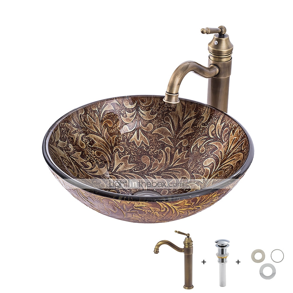 Vintage-Badezimmer-Waschbecken-Set rund 16,5 "x 5,7", Waschbecken-Mischbatterie und Abfluss-Kombination mit Pop-up-Abfluss, Bootsform aus gehärtetem Glas, künstlerisches Gefäß, Waschtisch-Schüssel, Kunst-Waschbecken über der Theke 2025 - $291.59 –P3