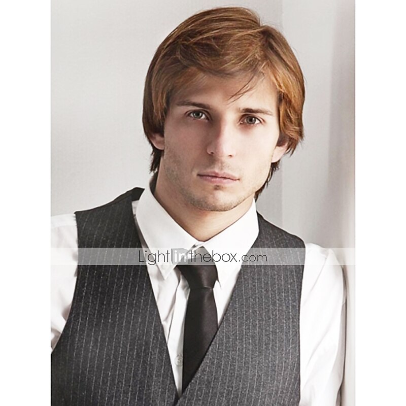 Mistura do cabelo humano Peruca Curto Encaracolado Penteados Curtos 2020 Com Franjas Encaracolado Parte lateral Sem Touca Homens Loira Bege / Loira Descolorida Ruivo Claro Borgonha escura 8 polegadas de 2025 por $47.99 –P3