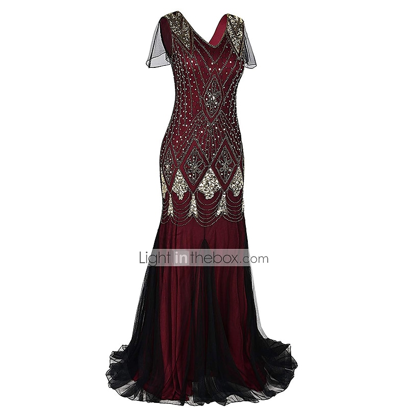 Rugido 20s 1920s Maxi Hasta el Tobillo Vestidos Vestido de noche Vestido de fiesta de graduación Normal Mangas cortas El gran Gatsby charlestón Invitado a la boda Lentejuelas Geométrico Corte 2026 - $56.99 –P12