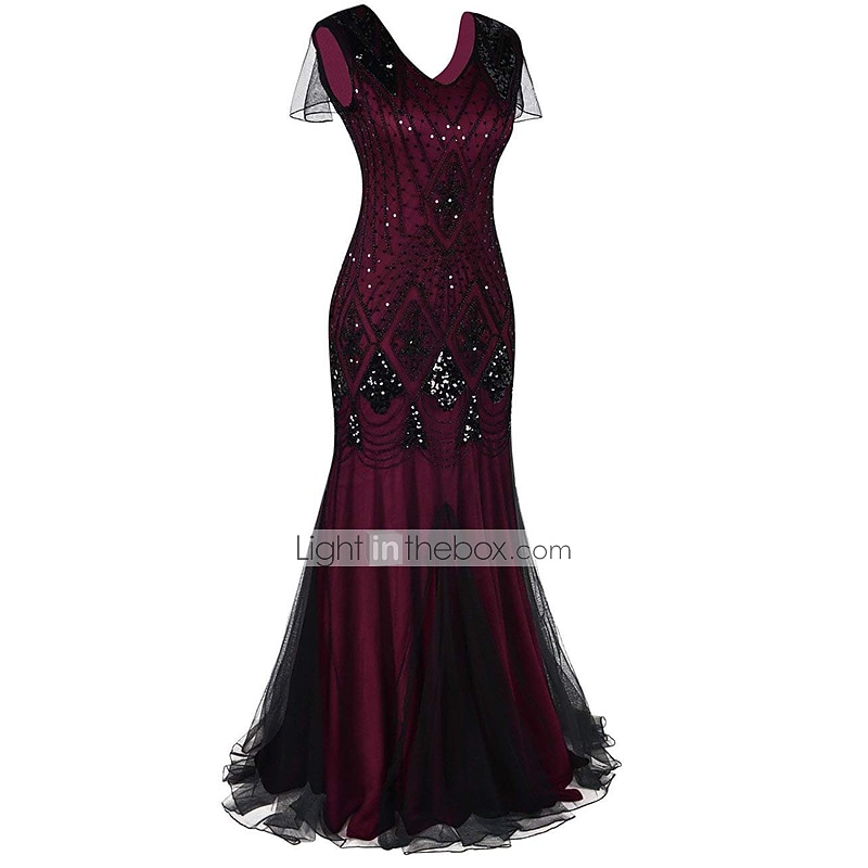 Rugido 20s 1920s Maxi Hasta el Tobillo Vestidos Vestido de noche Vestido de fiesta de graduación Normal Mangas cortas El gran Gatsby charlestón Invitado a la boda Lentejuelas Geométrico Corte 2026 - $56.99 –P8