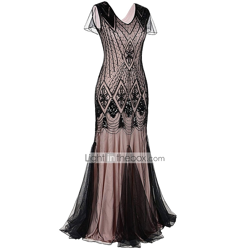 Rugido 20s 1920s Maxi Hasta el Tobillo Vestidos Vestido de noche Vestido de fiesta de graduación Normal Mangas cortas El gran Gatsby charlestón Invitado a la boda Lentejuelas Geométrico Corte 2026 - $56.99 –P2