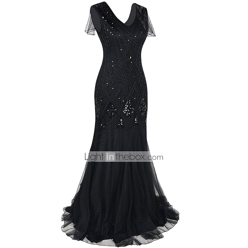 Rugido 20s 1920s Maxi Hasta el Tobillo Vestidos Vestido de noche Vestido de fiesta de graduación Normal Mangas cortas El gran Gatsby charlestón Invitado a la boda Lentejuelas Geométrico Corte 2026 - $56.99 –P4
