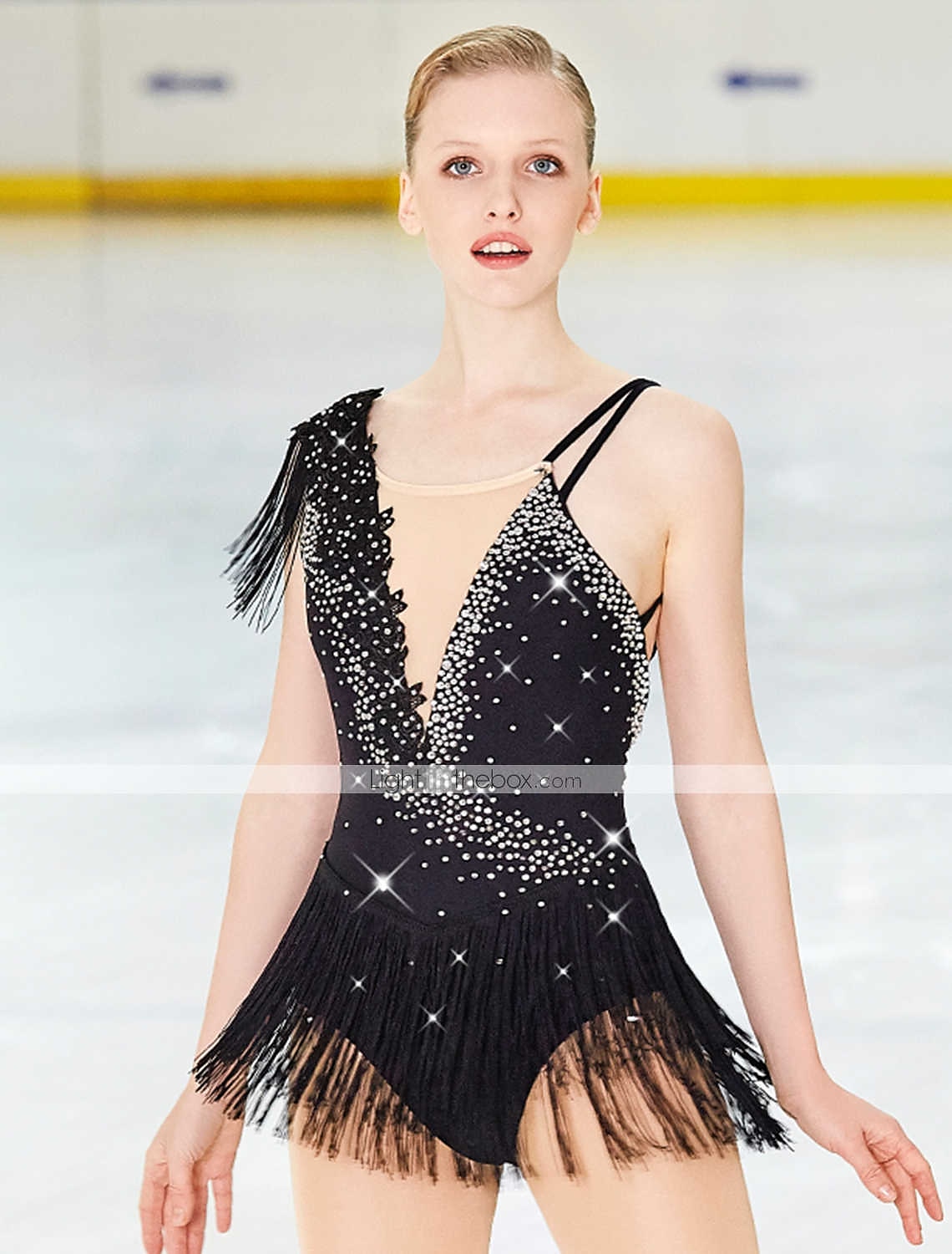 Eiskunstlaufkleid Damen Mädchen Eislaufen Kleider Schwarz Weiß Gelb Kreuz und quer Quaste Gitter Spandex Hochelastisch Wettbewerb Eiskunstlaufkleidung Ärmellos Latintanz Eislaufen Wintersport 2025 - $86.99 –P4