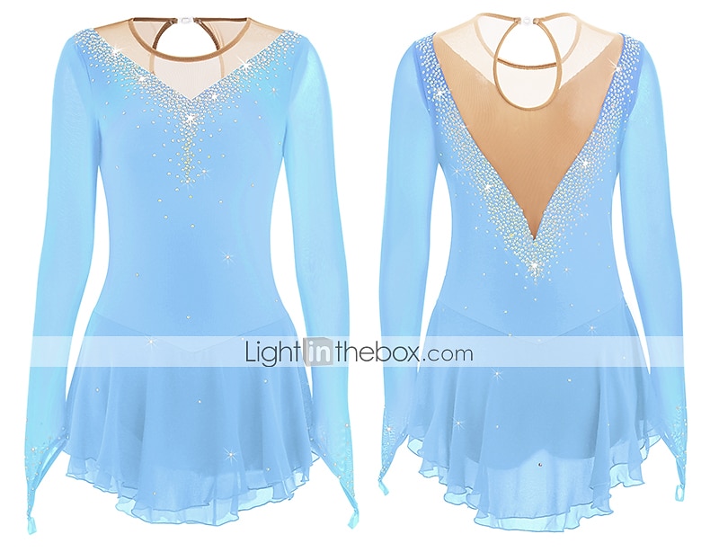 Eiskunstlaufkleid Damen Mädchen Eislaufen Kleider Hellblau Schwarz Weiß Patchwork Gitter Hochelastisch Wettbewerb Eiskunstlaufkleidung Mit Steinen verziert Strass Langarm Eislaufen Eiskundstlauf 2025 - $87.99 –P19