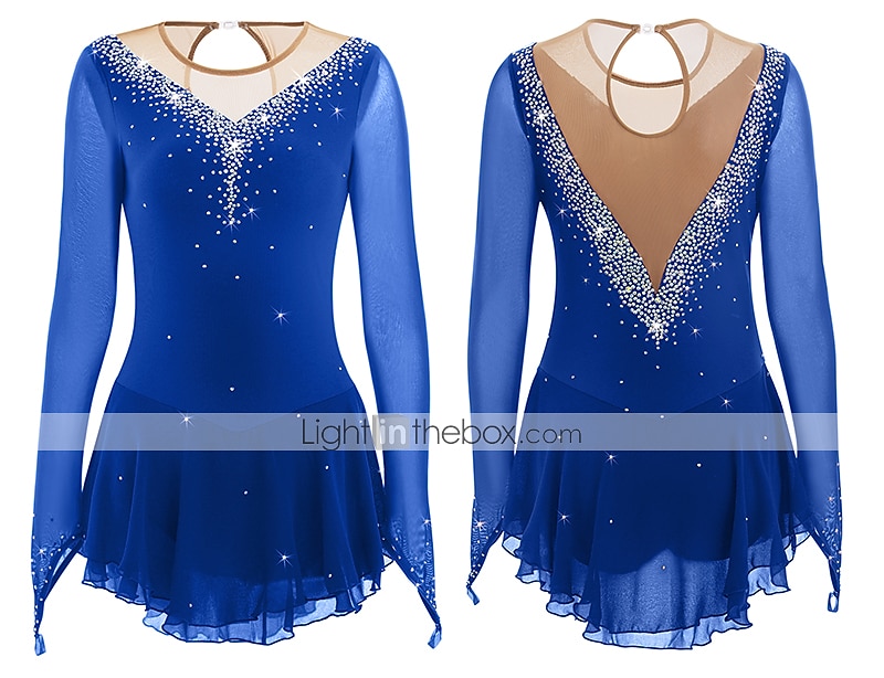 Eiskunstlaufkleid Damen Mädchen Eislaufen Kleider Hellblau Schwarz Weiß Patchwork Gitter Hochelastisch Wettbewerb Eiskunstlaufkleidung Mit Steinen verziert Strass Langarm Eislaufen Eiskundstlauf 2025 - $87.99 –P20