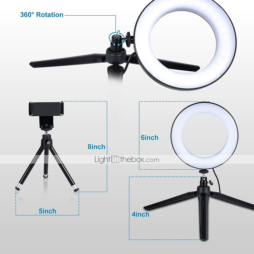 2025年 LEDリングライトランプ6"15cmデスクトップ三脚スタンドYouTubeビデオメイク用tiktokミニLEDカメラライト、携帯電話ホルダー付き、3つのライトモード& 11輝度レベル コレクション – $29.99 –P2