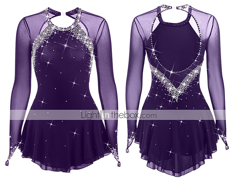 فستان التزلج الراقص نسائي للفتيات تزلج على الجليد الفساتين أسود أبيض أصفر فتح الظهر شبكة سباندكس عالية المرونة تمرين منافسة ملابس التزلج مرصع بالجواهر حجر الراين كم طويل 2026 - $124.99 –P11