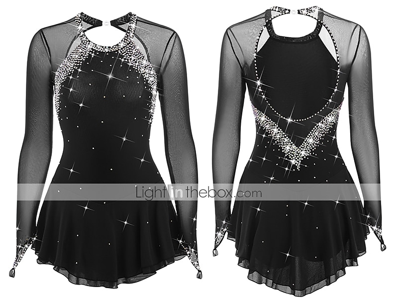 فستان التزلج الراقص نسائي للفتيات تزلج على الجليد الفساتين أسود أبيض أصفر فتح الظهر شبكة سباندكس عالية المرونة تمرين منافسة ملابس التزلج مرصع بالجواهر حجر الراين كم طويل 2026 - $124.99 –P16