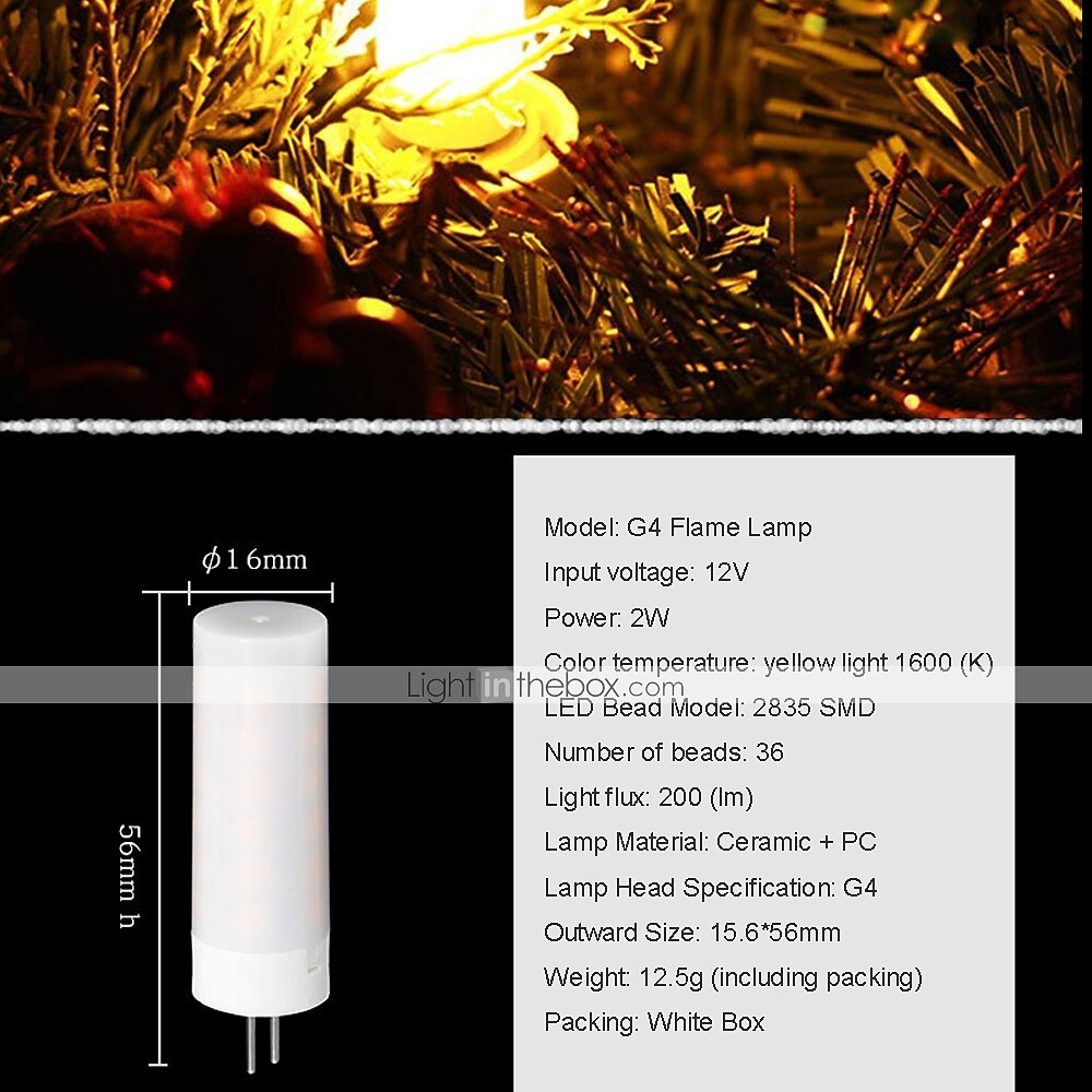 4шт g4 bi-pin mini мерцающее пламя светодиодные лампы керамическая основа 2w g4 светодиодный факел огонь для хэллоуина рождество новогодние праздники 1600k dc12v 2026 - $27.99 –P2