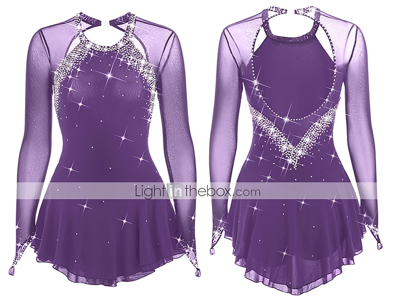 فستان التزلج الراقص نسائي للفتيات تزلج على الجليد الفساتين أسود أبيض أصفر فتح الظهر شبكة سباندكس عالية المرونة تمرين منافسة ملابس التزلج مرصع بالجواهر حجر الراين كم طويل 2026 - $124.99 –P12