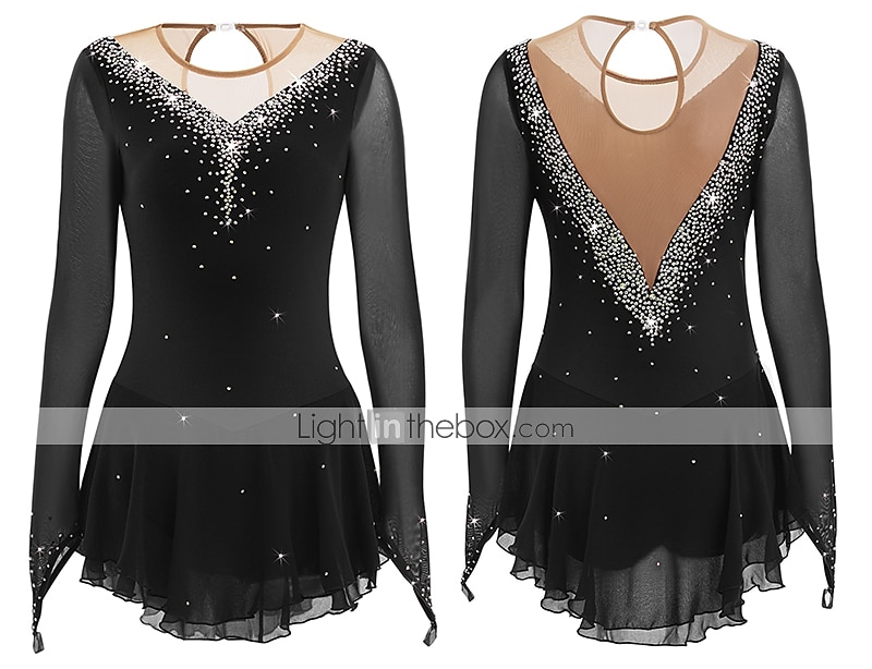 Eiskunstlaufkleid Damen Mädchen Eislaufen Kleider Hellblau Schwarz Weiß Patchwork Gitter Hochelastisch Wettbewerb Eiskunstlaufkleidung Mit Steinen verziert Strass Langarm Eislaufen Eiskundstlauf 2025 - $87.99 –P14