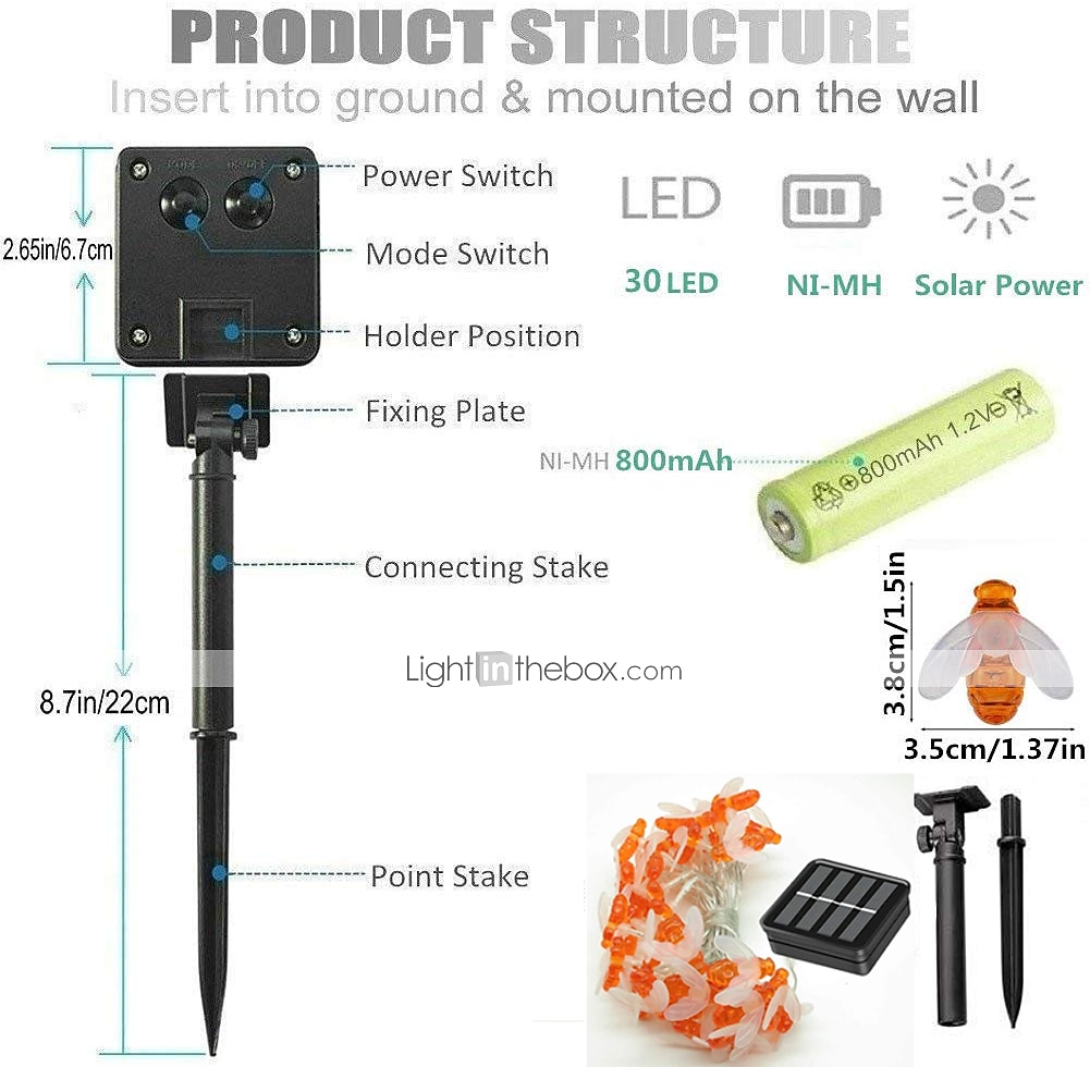 Outdoor Solar Bee String Lights, 20 LEDs Waterproof Garden Fairy Lights with 8 Modes, Solar-Powered LED Lights for Outdoor Terrace, Flowers, Trees & Party Decorations 2025 - $20.99 –P1